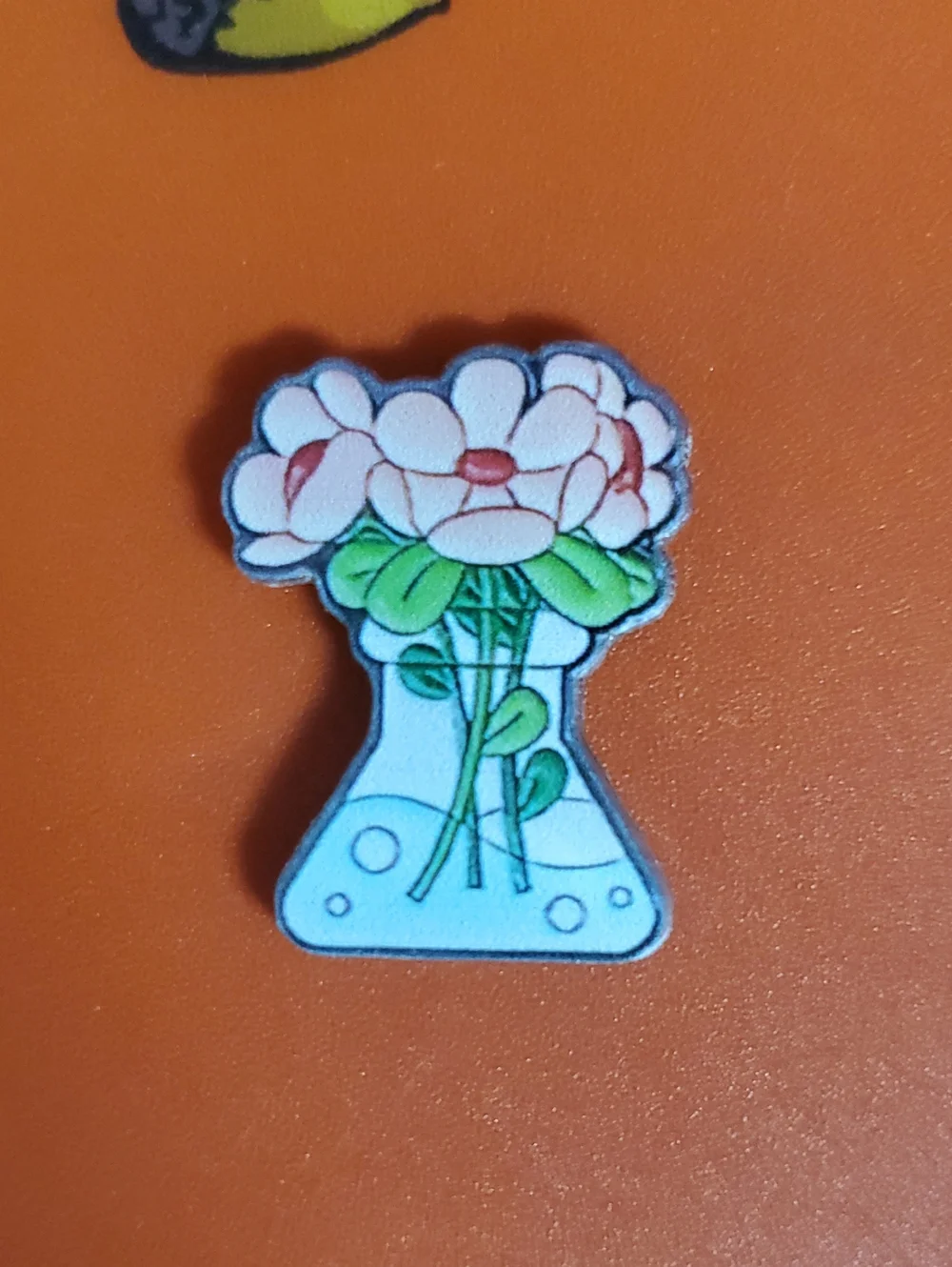 Floral Beaker Acrylic Pin - Pink Flowers & Green Leaves